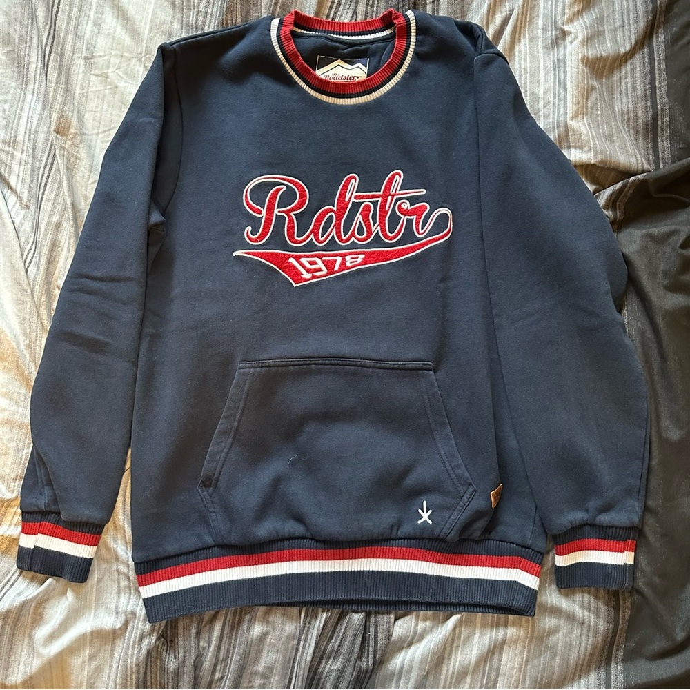 Navy Crewneck Sweater with Red and White Accents